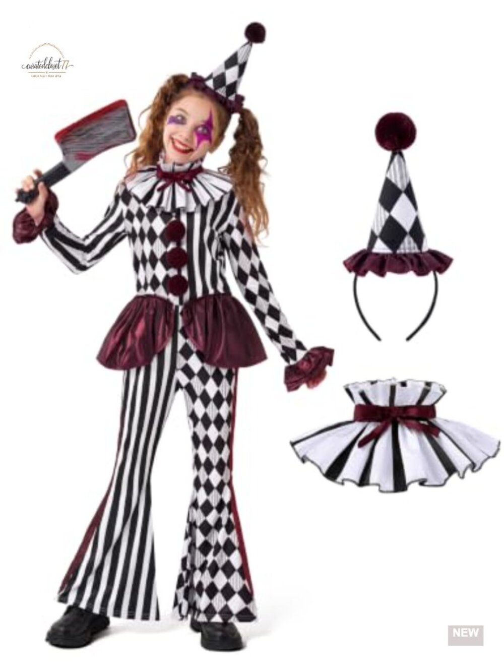 Girls Clown Jester Costume Jumpsuit Ruffled Collar Hairband Halloween Dress Up